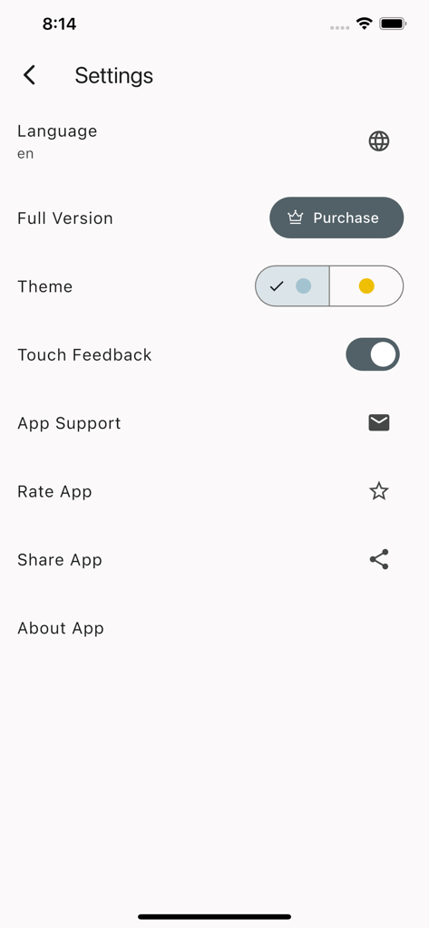 Codiscover: Code Browser - Tela de configurações do aplicativo Codiscover com opções de idioma, seleção de tema e atualização para a versão completa