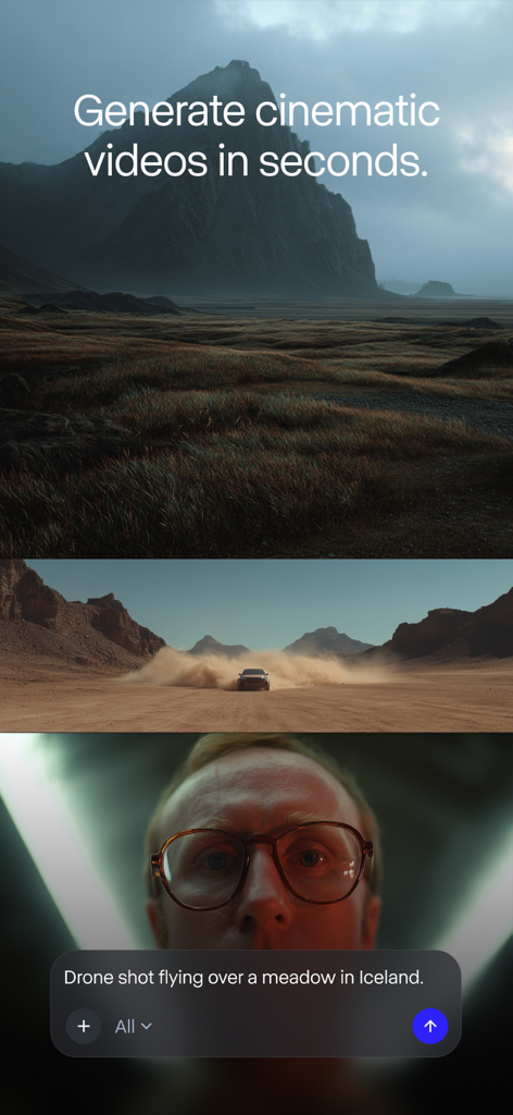 RunwayML - RunwayML mobile app interface for generating cinematic AI videos from text prompts