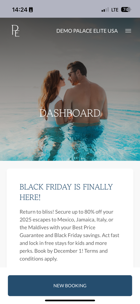 Palace Elite - El panel de la aplicación Palace Elite muestra una oferta de vacaciones de Viernes Negro para resorts de lujo y un botón de nueva reserva