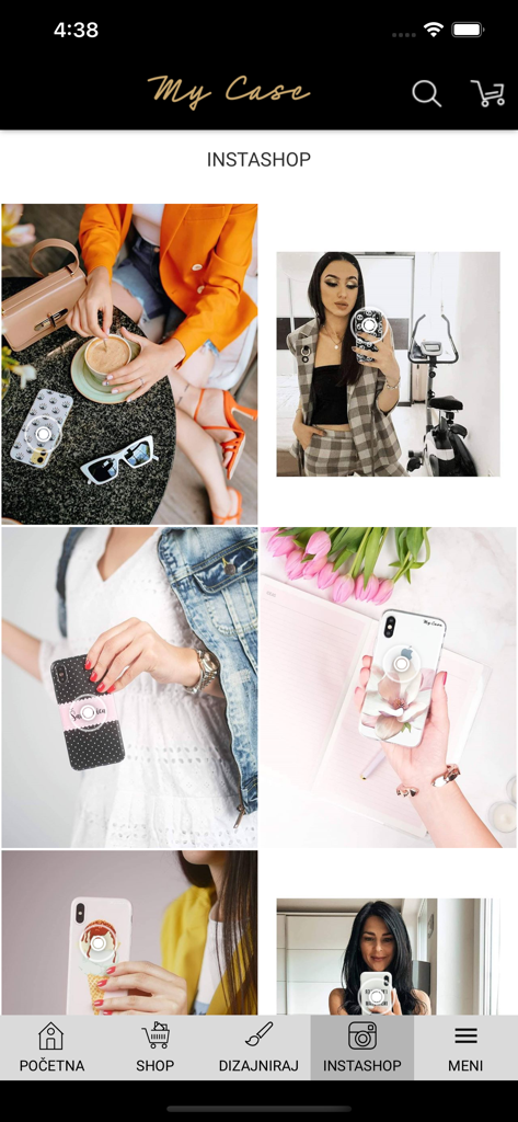 Instashop feature of the 3G myCase app showing aesthetic phone case designs in lifestyle photos
