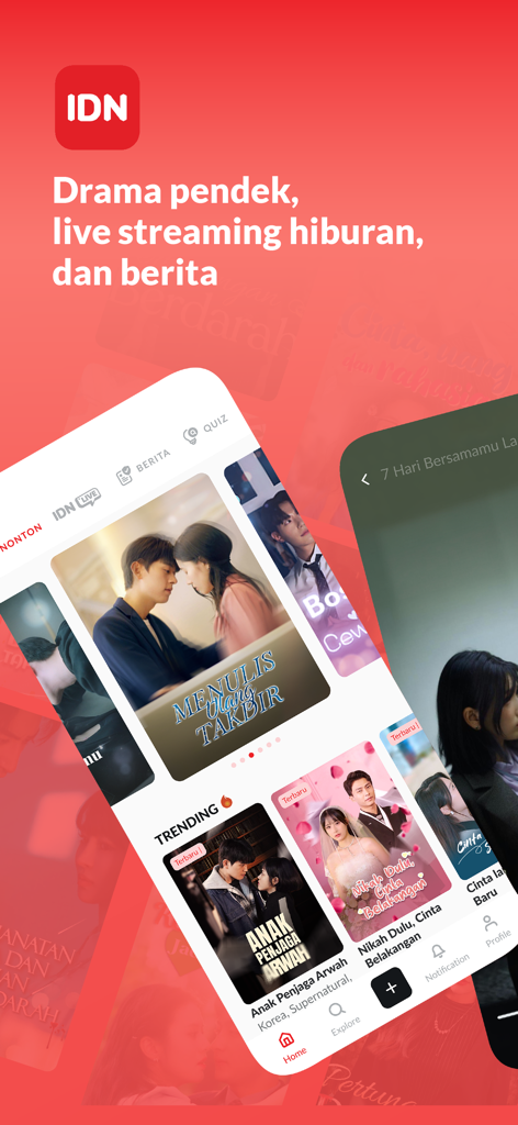 Interface of IDN App featuring a collection of short dramas, live streaming, and news updates
