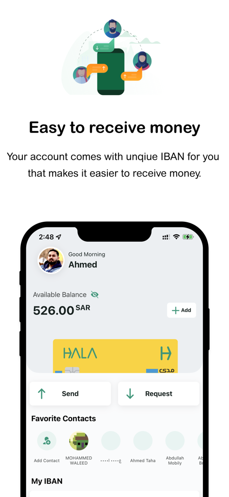 Hala mobile app screen showing easy money receiving with unique IBAN and SAR balance