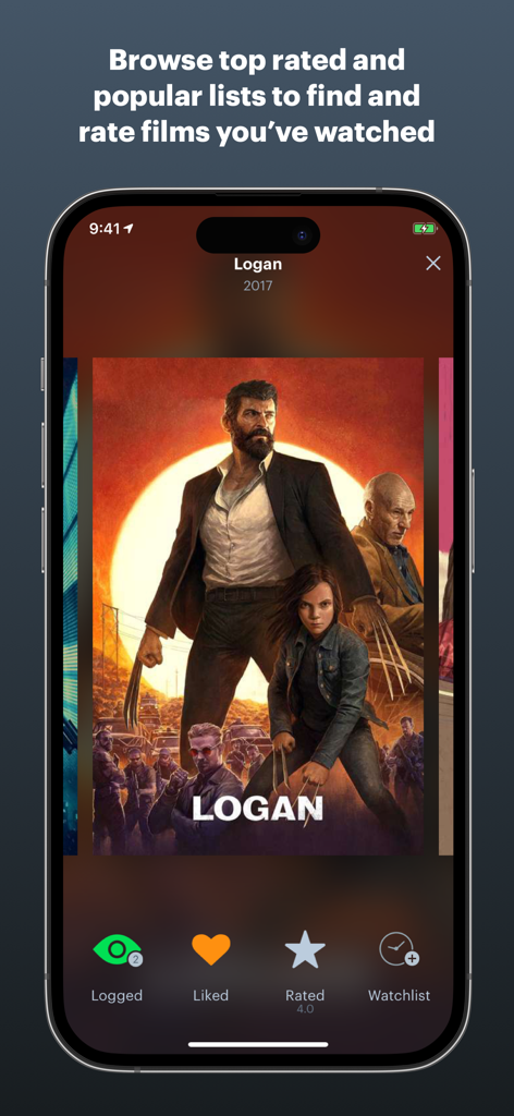 영화 상세 정보와 기록 옵션이 표시된 Letterboxd 모바일 앱 인터페이스