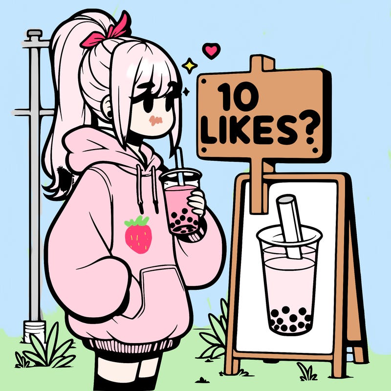 girl with oversized hoodie drinking boba and she has a high ponytail with a sign that says 10likes?