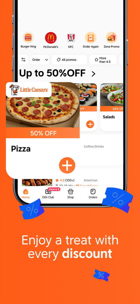 DiDi Food - Food Delivery - DiDi Food mobile app interface showing food discounts and restaurant offers