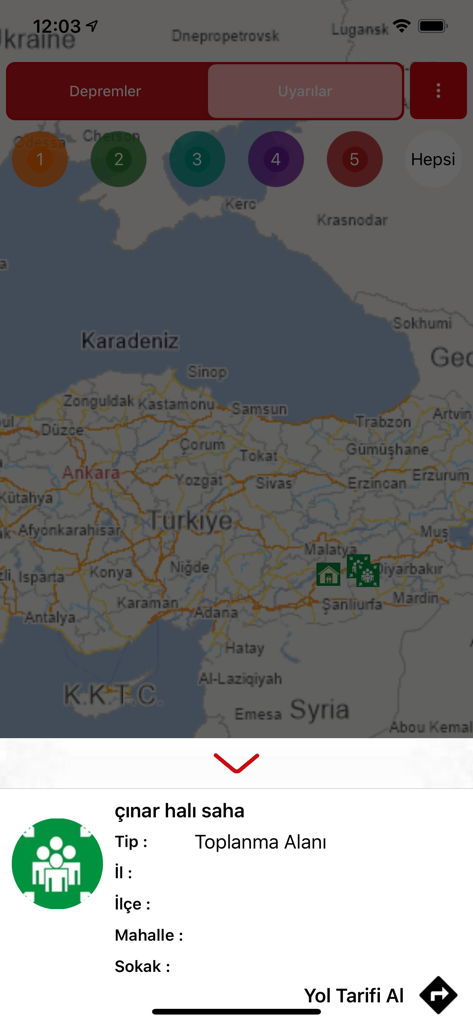 eAfad - eAfad app displaying a map of Turkey with earthquake alerts and assembly area information.