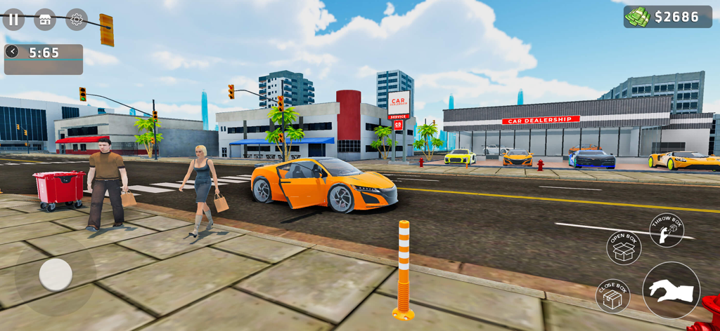 My Car Mechanic Shop Simulator - A street scene featuring an orange car and a car dealership in the My Car Mechanic Shop Simulator game.