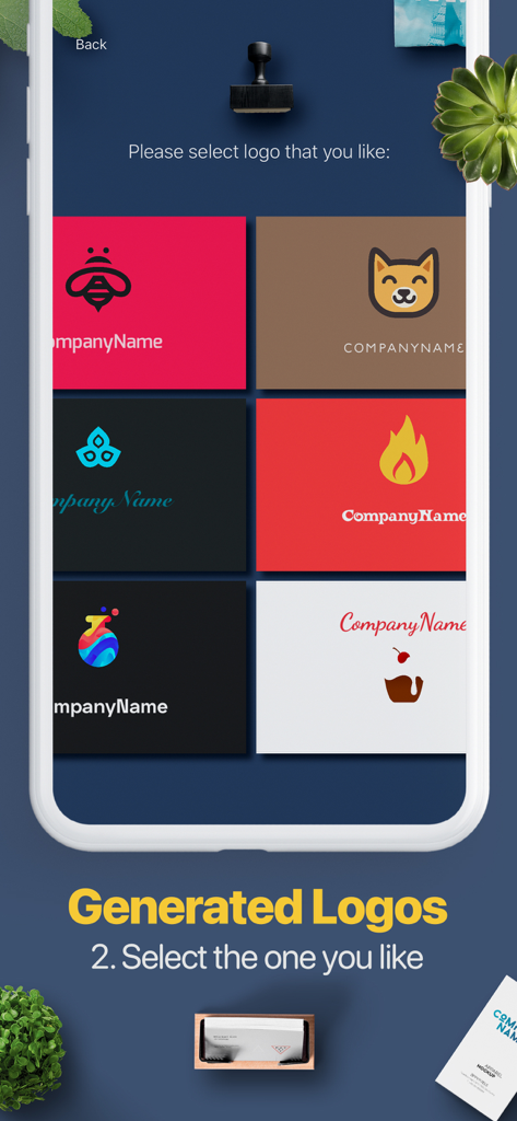 Selection of various AI generated logo designs in the mobile app interface