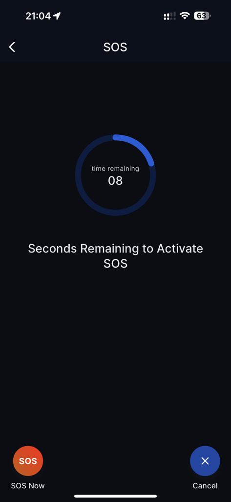 Schermata del conto alla rovescia SOS di emergenza di Everbridge 360 che mostra un timer con 8 secondi rimanenti