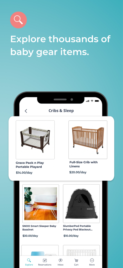 BabyQuip - Baby Gear Rentals - BabyQuipアプリのインターフェース。日々の価格でレンタル可能な様々なベビーベッドと睡眠用ギアが表示されています。