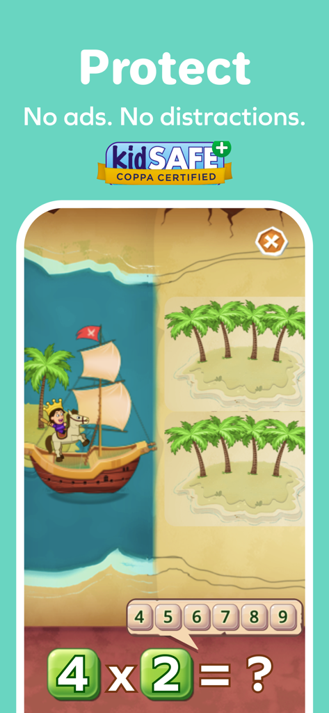 Splash Mini: Multiplication - Splash Mini 곱셈 앱 인터페이스, 해적 테마의 4 곱하기 2 수학 문제 표시