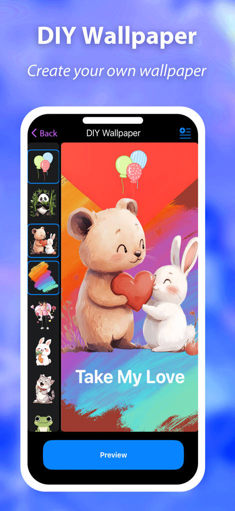 DIY Wallpaper-Make it！ - Interfaz de la aplicación DIY Wallpaper que muestra una linda ilustración de animal y herramientas de personalización