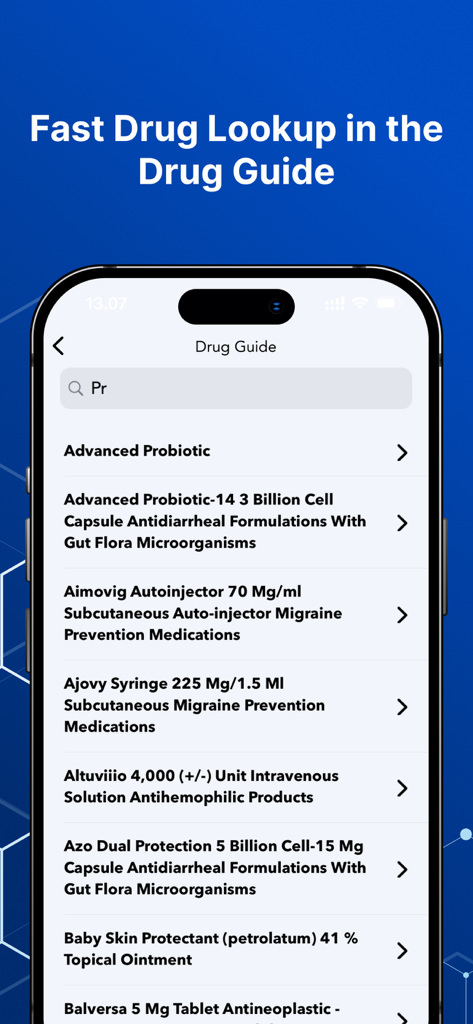 Medication List & Drug Guide - Interfaz de búsqueda rápida de fármacos en la aplicación móvil Lista de Medicamentos y Guía de Fármacos