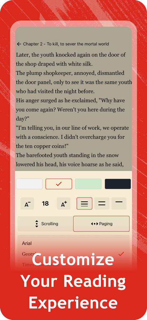 PawRead - Read Fantasy Novels - Interfaz de la aplicación PawRead que muestra opciones para personalizar colores de fondo, tamaño de fuente y modo de lectura para novelas de fantasía.