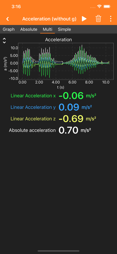 L'application phyphox montrant un graphique d'accélération linéaire en temps réel et des données de capteur pour trois axes