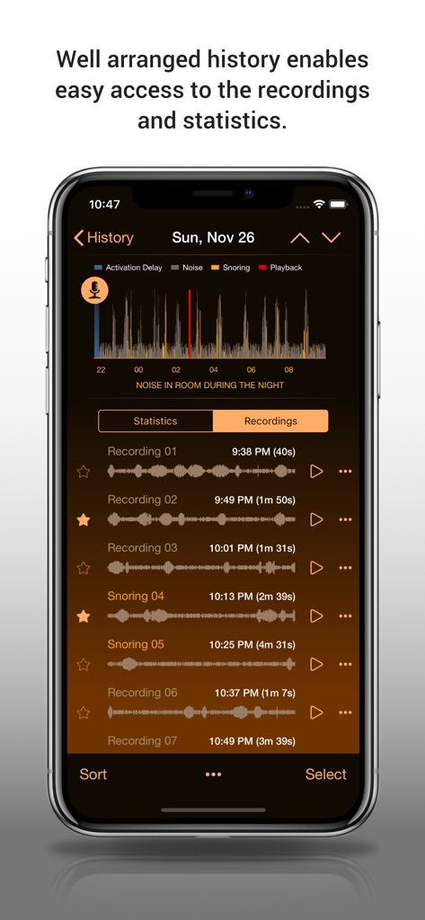 A smartphone showing sleep history with a room noise graph and list of snoring recordings