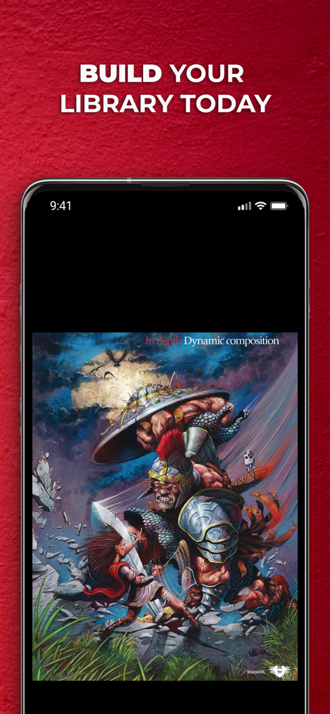 ImagineFXアプリ画面には、ダイナミックな構成に関するファンタジーアートチュートリアルが表示されています。