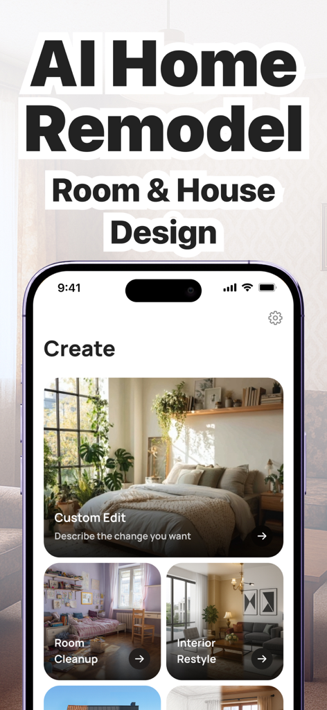 AI Home Remodel – Dekor - AI Home Remodel Dekor app interface showing options for room cleanup and interior restyle