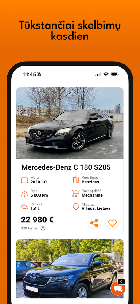 Interface de l'application Autogidas affichant une annonce de Mercedes Benz Classe C d'occasion en Lituanie.