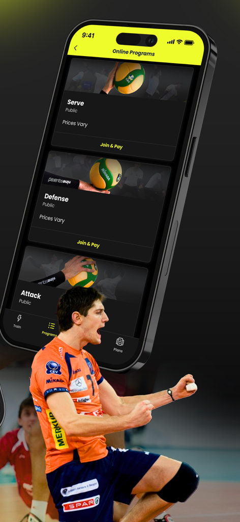 Smartphone screen displaying VolleyTrain online programs for volleyball skills like serve defense and attack