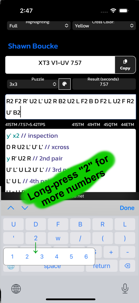 Cube Keyboard mobile interface with speedcube notation and long-press number selection