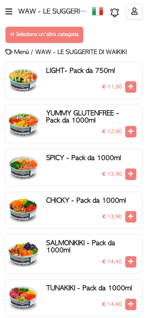 WAIKIKI Hawaiian Food - Mobile app menu for Waikiki Hawaiian Food showing different poke bowl options like Salmonkiki and Tunakiki with prices