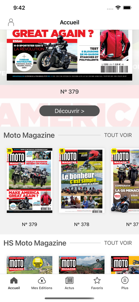 Pantalla de inicio de la aplicación Moto Magazine que muestra números de revistas digitales y artículos de pruebas de motocicletas