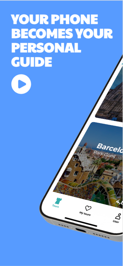 Park Güell Audioguide & Tours - App audioguida Park Guell visualizzata su uno smartphone con il titolo il tuo telefono diventa la tua guida personale