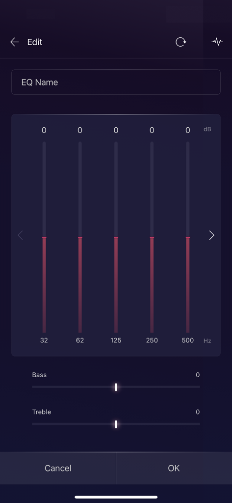 LG XBOOM – 2024 and earlier - Una pantalla de edición del ecualizador personalizado en la aplicación LG XBOOM que muestra controles deslizantes de frecuencia y agudos graves.