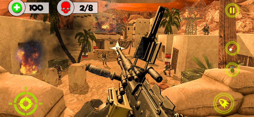 First person view of a heavy machine gun firing in a desert battlefield with explosions