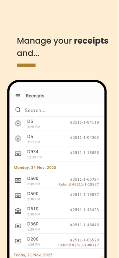 Waychit POS - Receipts history and refund management screen in the Waychit POS mobile app
