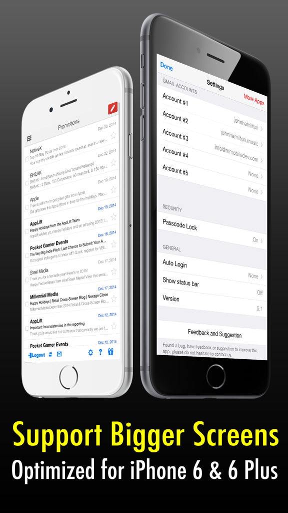 Safe Mail for Gmail app interface showing multiple accounts and passcode security settings on iPhone 6