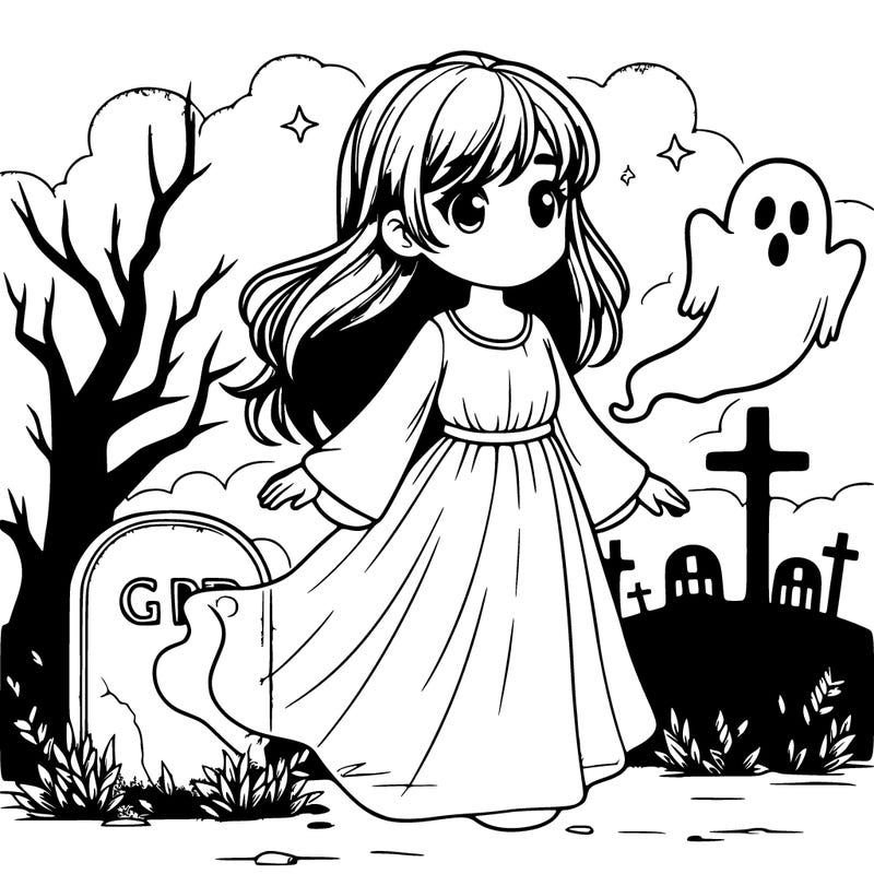realistic girls spirit next to a graveyard