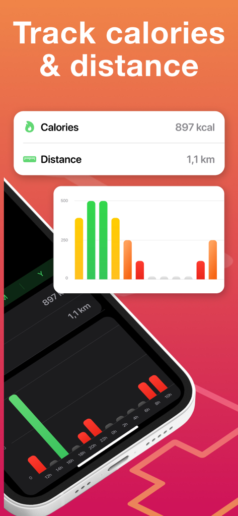 Steps Air app screenshot showing calorie and distance tracking with activity charts