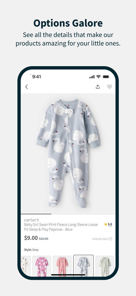 Carter's - 白鳥のプリントのベビーガールフリースパジャマのカーターズアプリ製品ページ