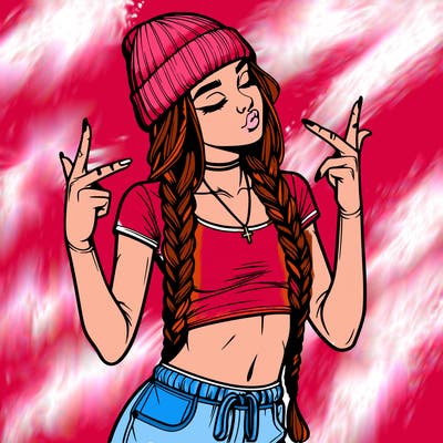 realistic teenage girl with braids and a beanie and crop top doing 🫶🏼