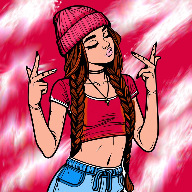 realistic teenage girl with braids and a beanie and crop top doing 🫶🏼