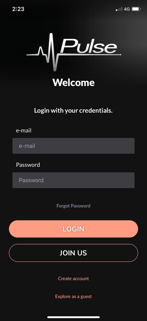 Pulse Club - Pulse Club app welcome and login screen with email and password input fields