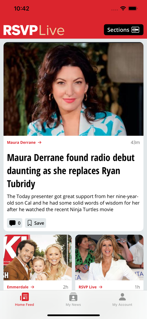 RSVP Live - RSVP Live App zeigt einen Promi-Nachrichten-Feed mit einem Artikel über Maura Derrane