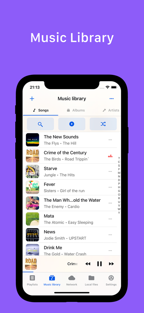 Interface da biblioteca de música GoPlayer exibindo uma lista de músicas com arte do álbum
