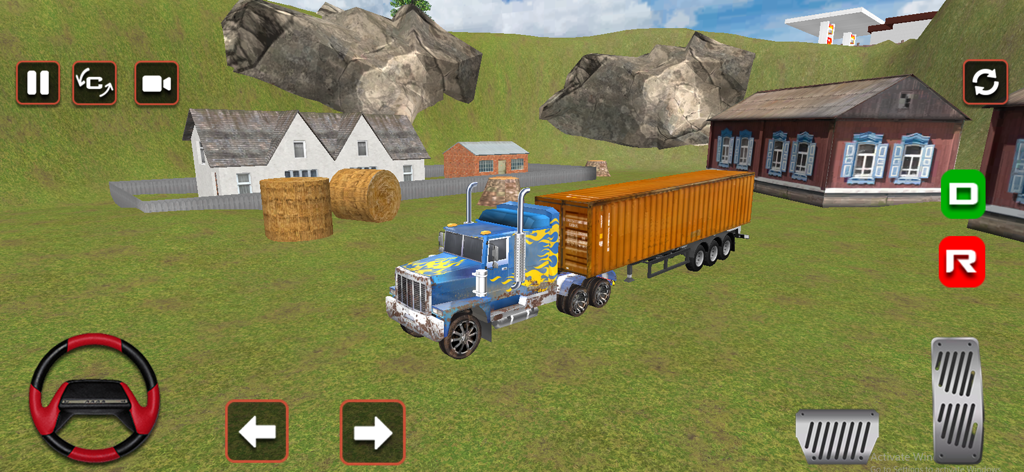 Gameplay of a blue semi truck with an orange trailer in a village environment