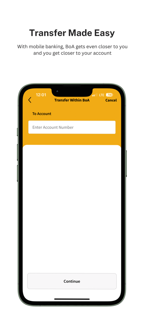 BoAMobile - Interfaz de la aplicación BoAMobile para iniciar una transferencia de fondos dentro del Bank of Abyssinia.