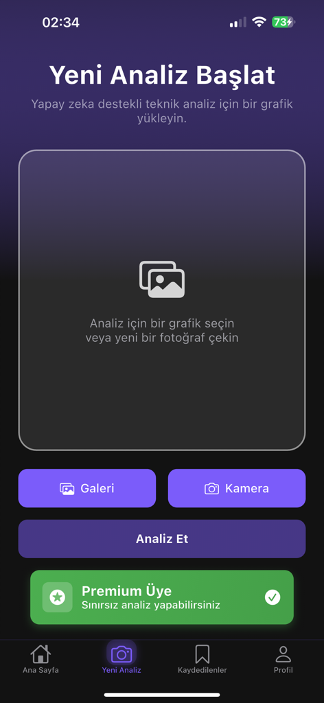 Interface for uploading crypto chart screenshots for AI-powered technical analysis.
