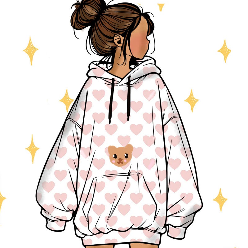 realistic girl with a oversized sweatshirt on and a bun