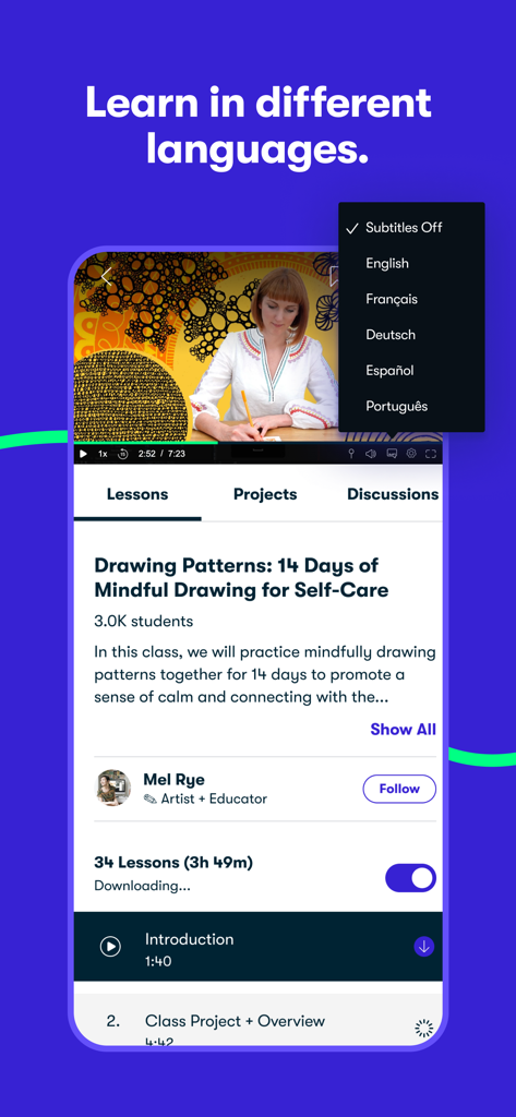 A drawing class on the Skillshare app with a dropdown menu showing multiple language subtitle options like English and French