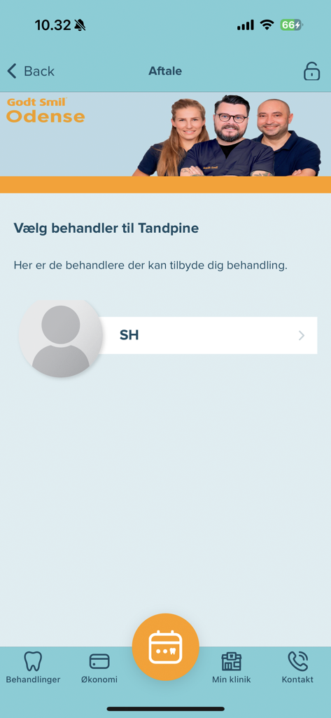 Godt Smil app interface for choosing a dental practitioner for a toothache treatment