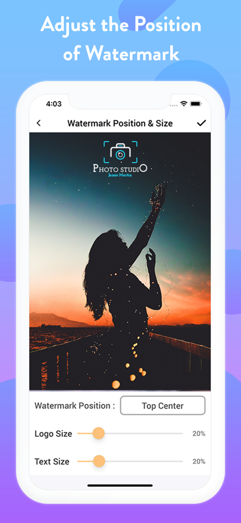 Add Logo Watermark on Photos - Interface of the watermark app showing controls to adjust logo position and size on a photo