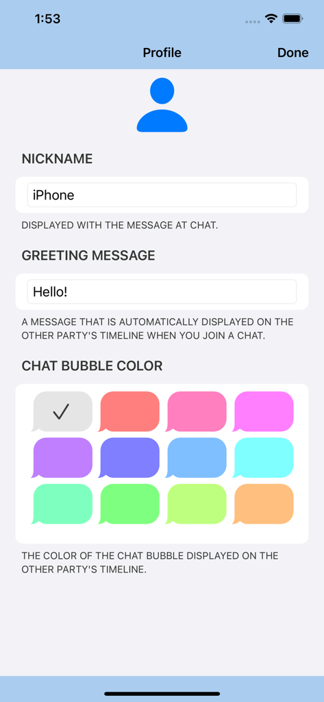 xChatz app profile settings screen for nickname and chat bubble color customization.