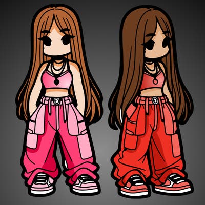 girl in baggy pants crop top and long hair