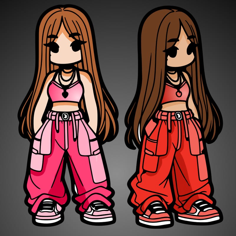 girl in baggy pants crop top and long hair